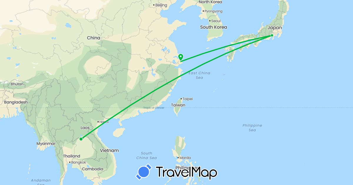 TravelMap itinerary: driving, bus in China, Japan, Laos (Asia)